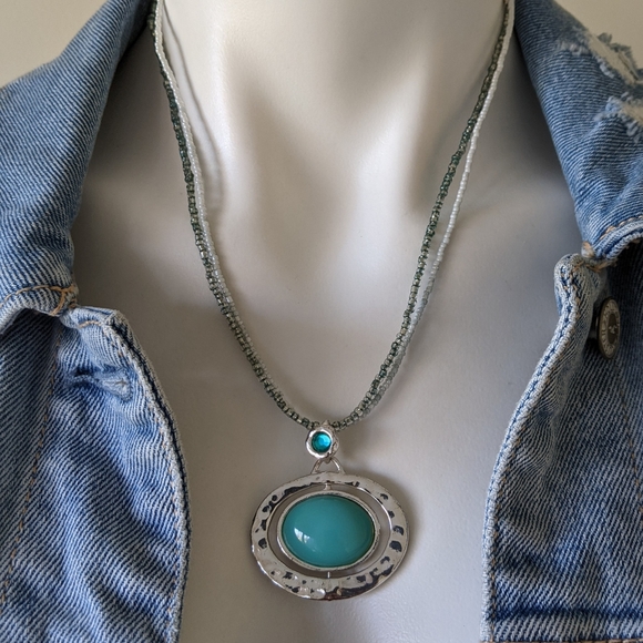 Orbit Interchangeable Pendant Hammered Silvertone Dual Strand Statement Necklace - Picture 1 of 5